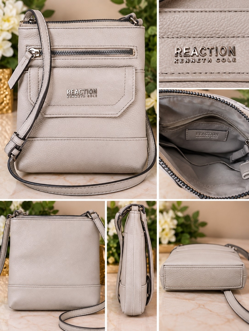 Kenneth Cole Reaction Pebble-Textured Light Gray Crossbody Bag